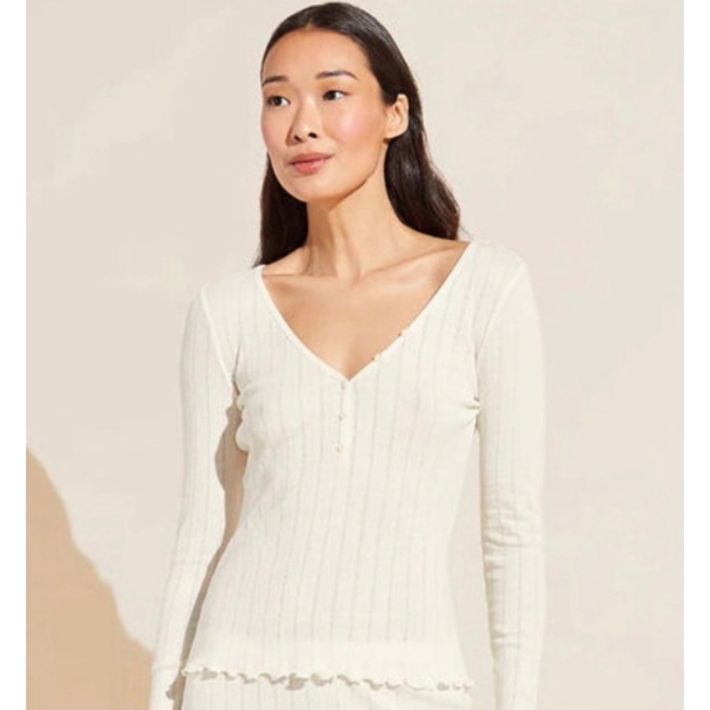 Eberjey Pointelle V-Neck Henley Top Cream Pima Cotton Modal Knit Large